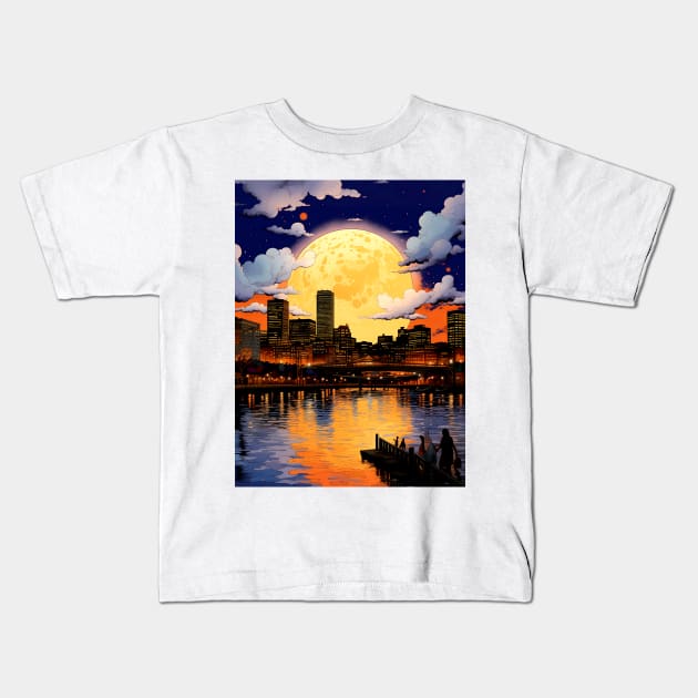 Portland Oregon: Full November Beaver Moon Over Downtown Portland Oregon Kids T-Shirt by Puff Sumo